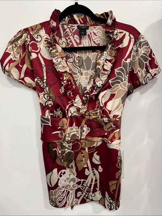 Ann Taylor Tops - Ann Taylor Red Burgundy Floral Ruffle V-Neck Blouse